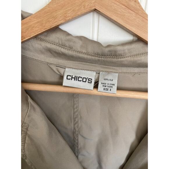 Chicos Jacket 100% Silk Sz 3 Taupe Champagne Satin Finish Double Breasted Classy - Picture 4 of 8